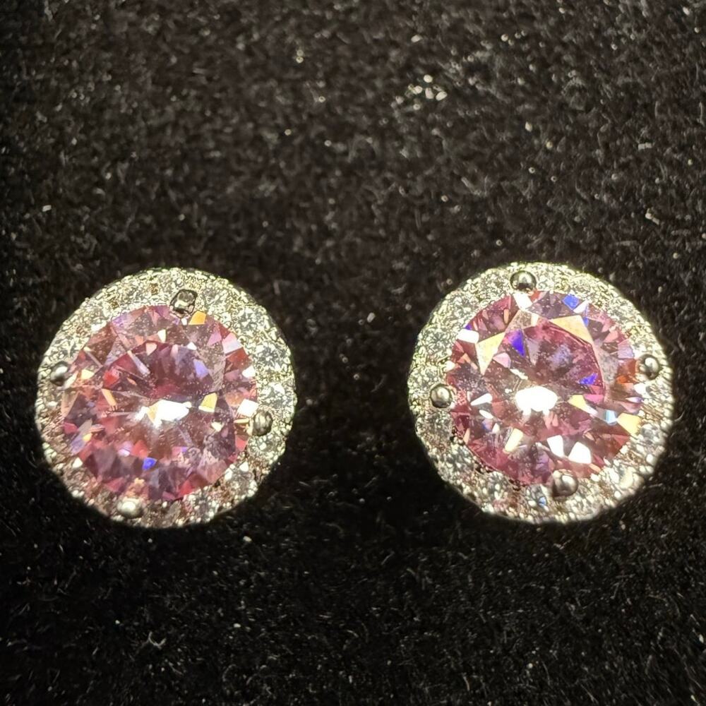Solid 925 Sterling Silver Pink Moissanite Halo Earrings 9.35 Millimeters